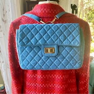 NWOT Quilted Convertible 3-way Backpack / shoulder bag, blue denim-like fabric